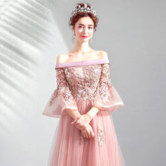 Dark Pink Elegant Off Shoulder Tulle A-line Prom Dress with Lace, Long Evening Dresses