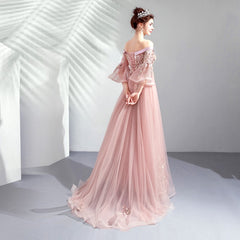 Dark Pink Elegant Off Shoulder Tulle A-line Prom Dress with Lace, Long Evening Dresses