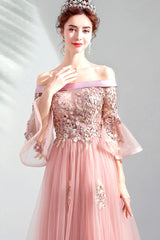 Dark Pink Elegant Off Shoulder Tulle A-line Prom Dress with Lace, Long Evening Dresses