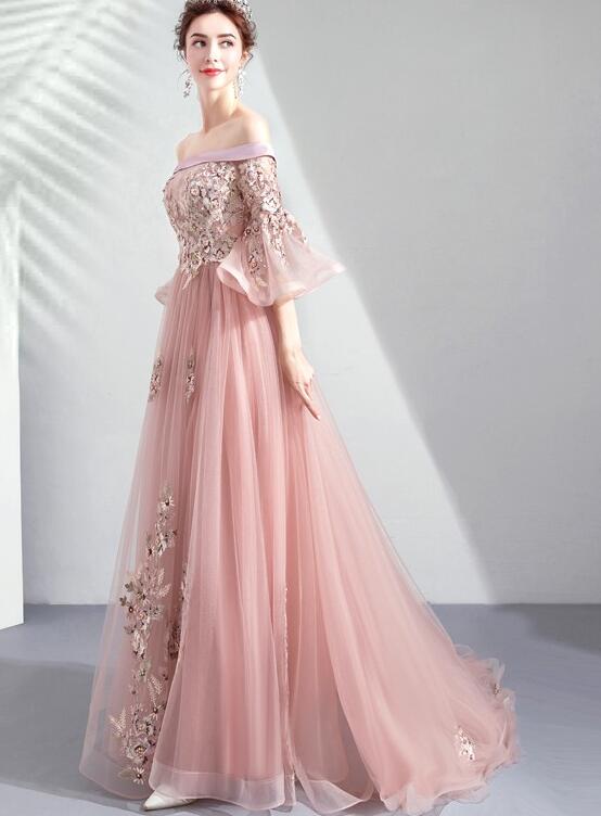 Dark Pink Elegant Off Shoulder Tulle A-line Prom Dress with Lace, Long Evening Dresses