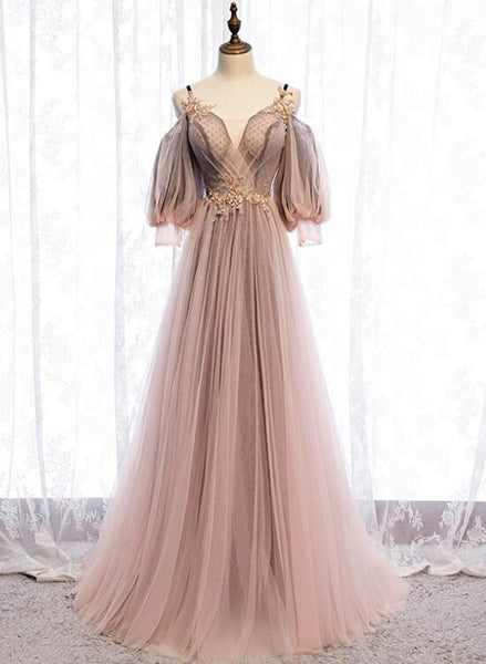 open lace back dress Dark Pink Tulle V-neckline Straps Floor Length Party Dresses, Pink Tul –  Cutedressy
