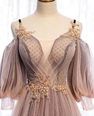 Dark Pink Tulle V-neckline Straps Floor Length Party Dresses, Pink Tulle Formal Dresses 2022