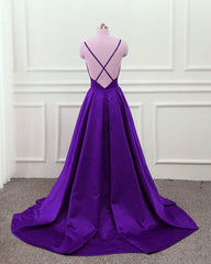 Dark Purple Satin Cross Back Straps V-neckline Party Dress, New Prom Dress 2022