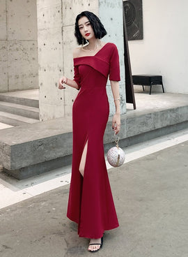 Dark Red Chic One Shoulder High Leg Slit Long Party Dress, Wine Red Prom Dresses