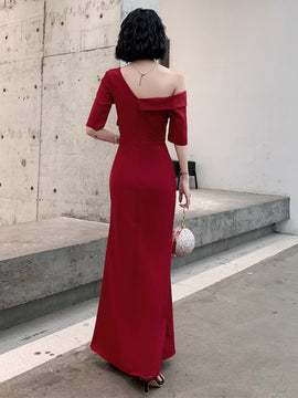 Dark Red Chic One Shoulder High Leg Slit Long Party Dress, Wine Red Prom Dresses