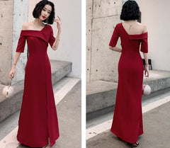 Dark Red Chic One Shoulder High Leg Slit Long Party Dress, Wine Red Prom Dresses