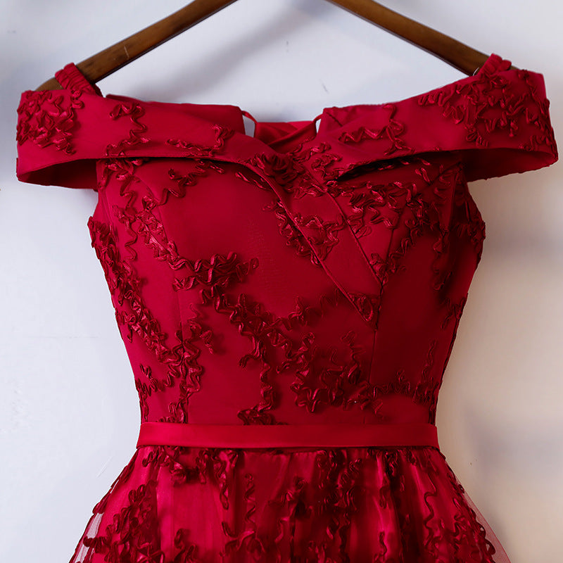 Dark Red Lace Off Shoulder Short Party Dress Formal Dress, Wine Red Ho Cutedressy Dark Red Lace Off Shoulder Short Party Dress Formal Dress, Wine Red Ho Cutedressy