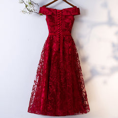 Dark Red Lace Off Shoulder Short Party Dress Formal Dress, Wine Red Homecoming Dresses