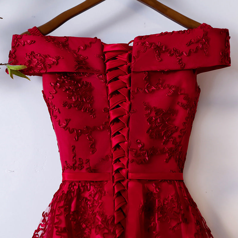 Dark Red Lace Off Shoulder Short Party Dress Formal Dress, Wine Red Homecoming Dresses