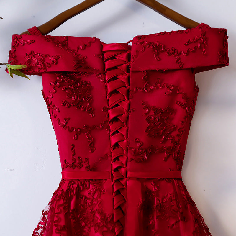 Dark Red Lace Off Shoulder Short Party Dress Formal Dress, Wine Red Ho Cutedressy Dark Red Lace Off Shoulder Short Party Dress Formal Dress, Wine Red Ho Cutedressy