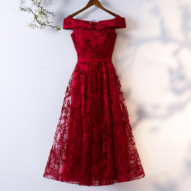Dark Red Lace Off Shoulder Short Party Dress Formal Dress, Wine Red Ho Cutedressy Dark Red Lace Off Shoulder Short Party Dress Formal Dress, Wine Red Ho Cutedressy