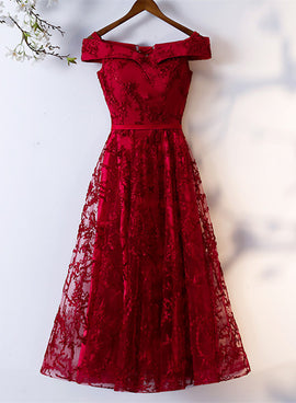 Dark Red Lace Off Shoulder Short Party Dress Formal Dress, Wine Red Homecoming Dresses