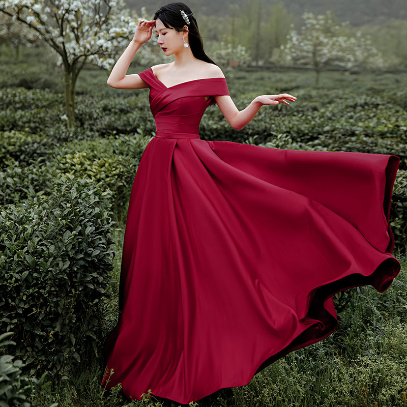 Dark Red Satin Long Off Shoulder A-line Evening Dress, Wine Red