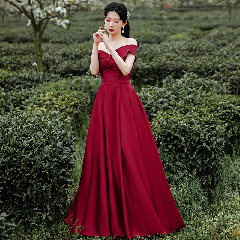 Dark Red Satin Long Off Shoulder A-line Evening Dress, Wine Red Formal Dress Party Dress Dark Red Satin Long Off Shoulder A-line Evening Dress, Wine Red Formal Dress Party Dress