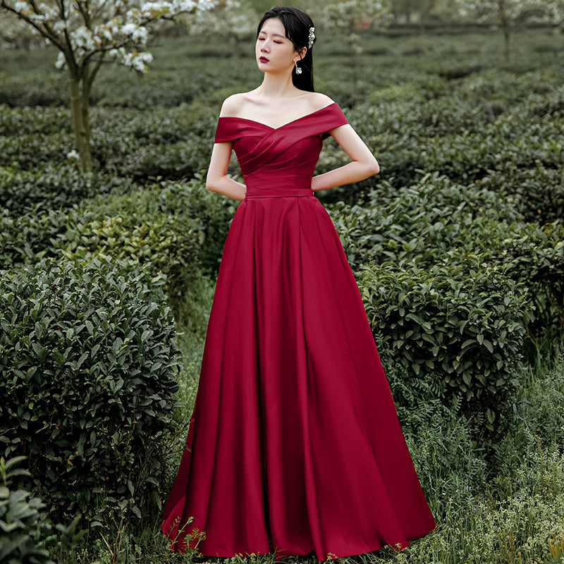 Dark Red Satin Long Off Shoulder A-line Evening Dress, Wine Red Formal Cutedressy Dark Red Satin Long Off Shoulder A-line Evening Dress, Wine Red Formal Cutedressy