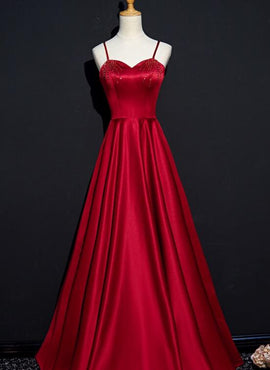 Dark Red Straps Beaded Sweetheart Satin Long Party Dress, Wine Red Prom Dresses
