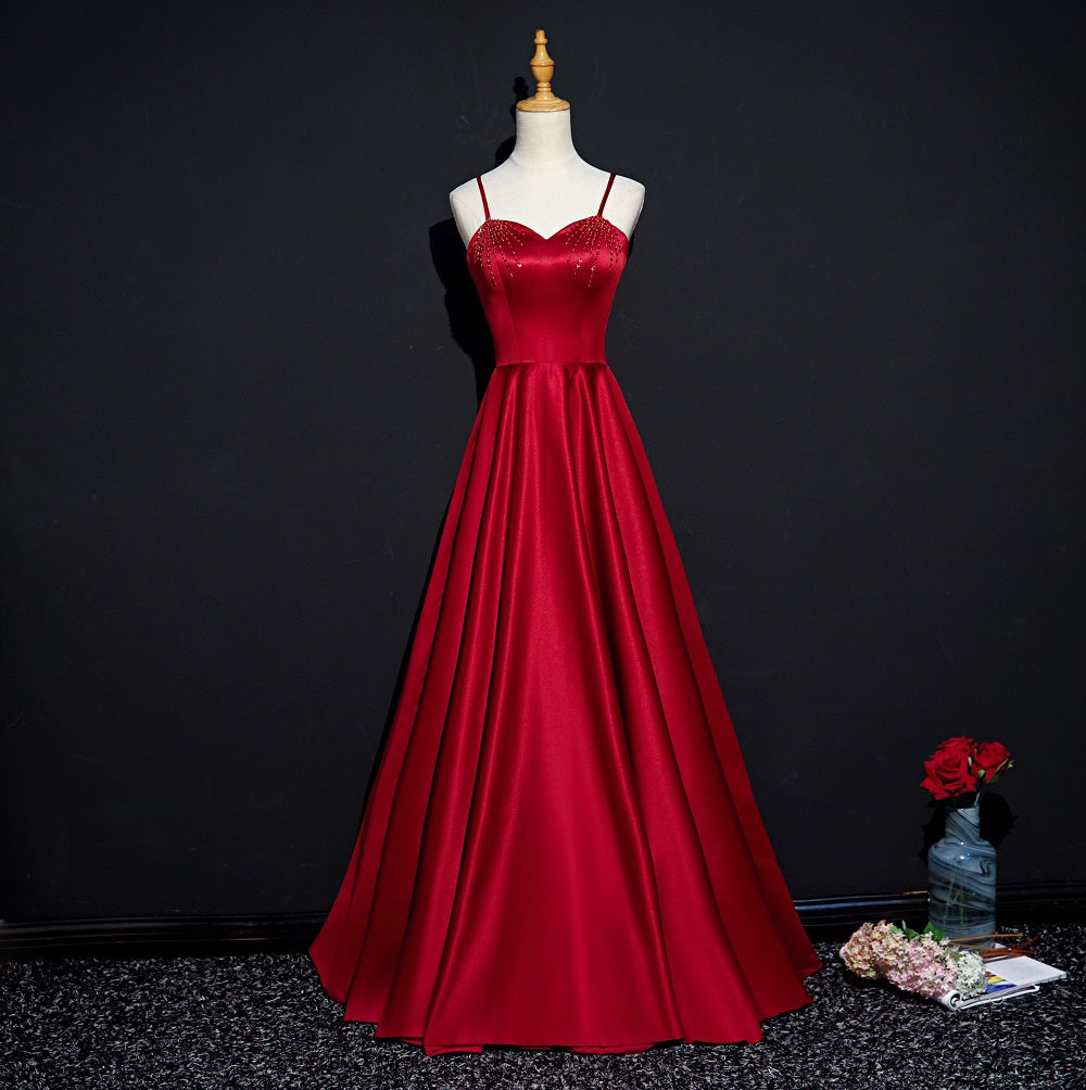Dark Red Straps Beaded Sweetheart Satin Long Party Dress, Wine Red Prom Dresses