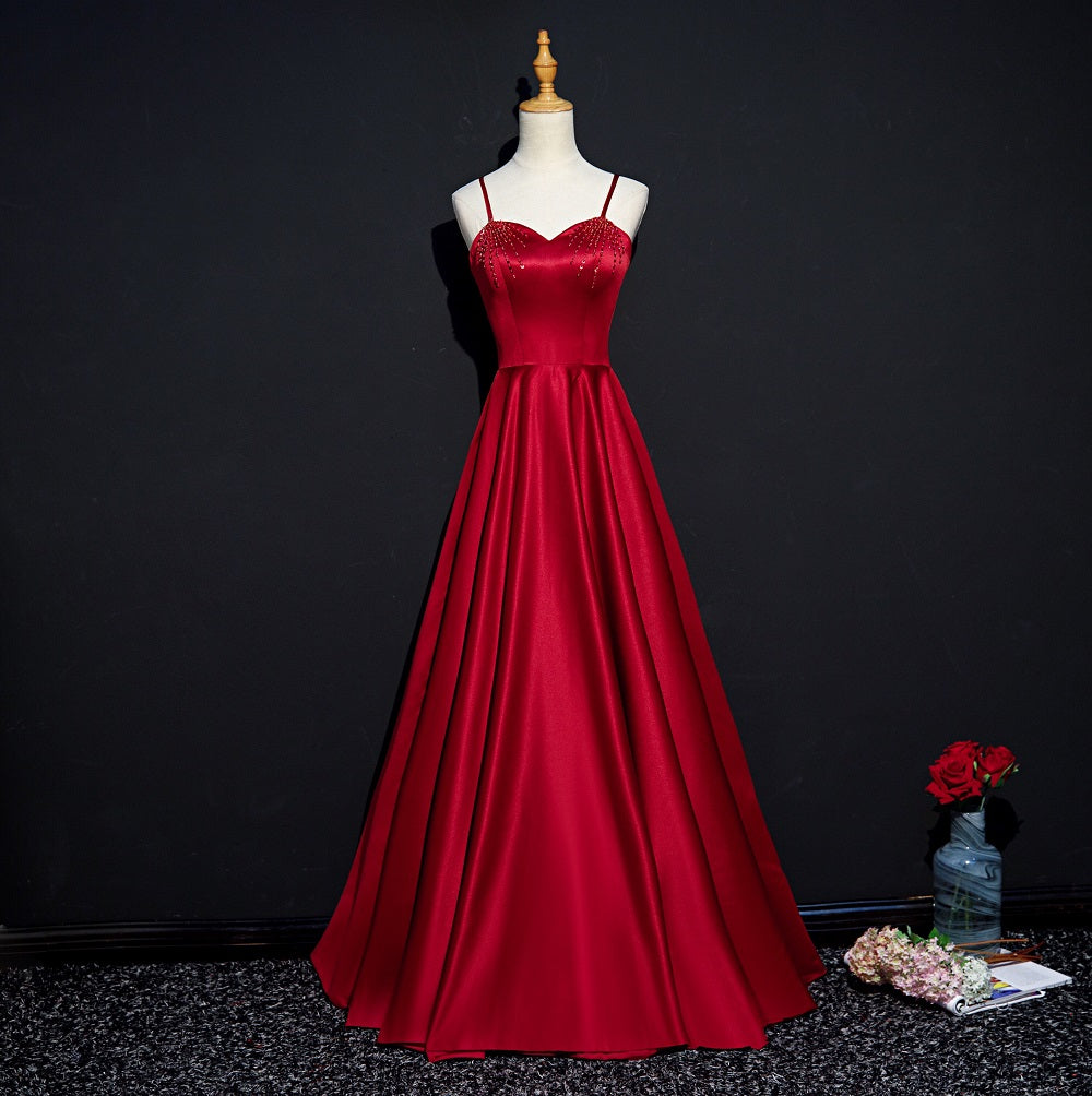 Dark Red Straps Beaded Sweetheart Satin Long Party Dress, Wine Red Pro Cutedressy Dark Red Straps Beaded Sweetheart Satin Long Party Dress, Wine Red Pro Cutedressy
