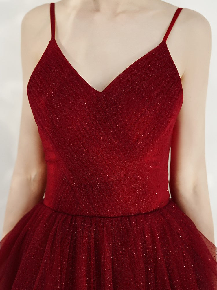 Dark Red Straps V-neckline Layers Long Formal Dress, Burgundy Low Back Tulle Prom Dress
