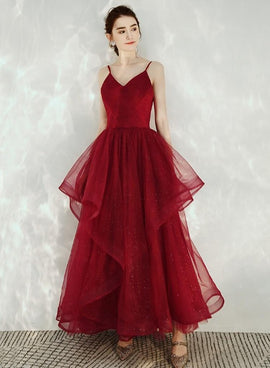 Dark Red Straps V-neckline Layers Long Formal Dress, Burgundy Low Back Tulle Prom Dress