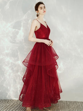 Dark Red Straps V-neckline Layers Long Formal Dress, Burgundy Low Back Tulle Prom Dress