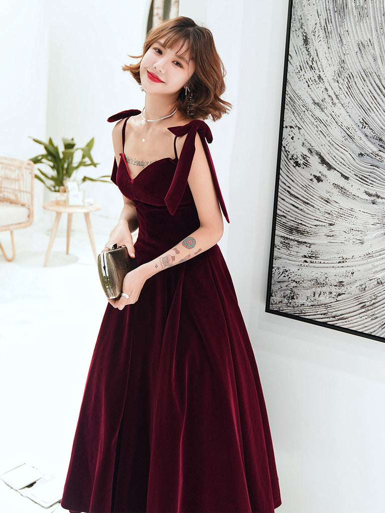 Dark Red Straps Velvet Elegant Tea Length Bridesmaid Dress, Burgundy P ...