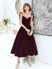 Dark Red Straps Velvet Elegant Tea Length Bridesmaid Dress, Burgundy Prom Dress Party Dress