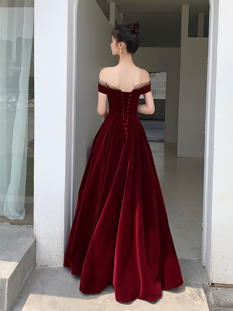 Elegant Burgundy Velvet Lace-up Floor Party Dress, Dark –