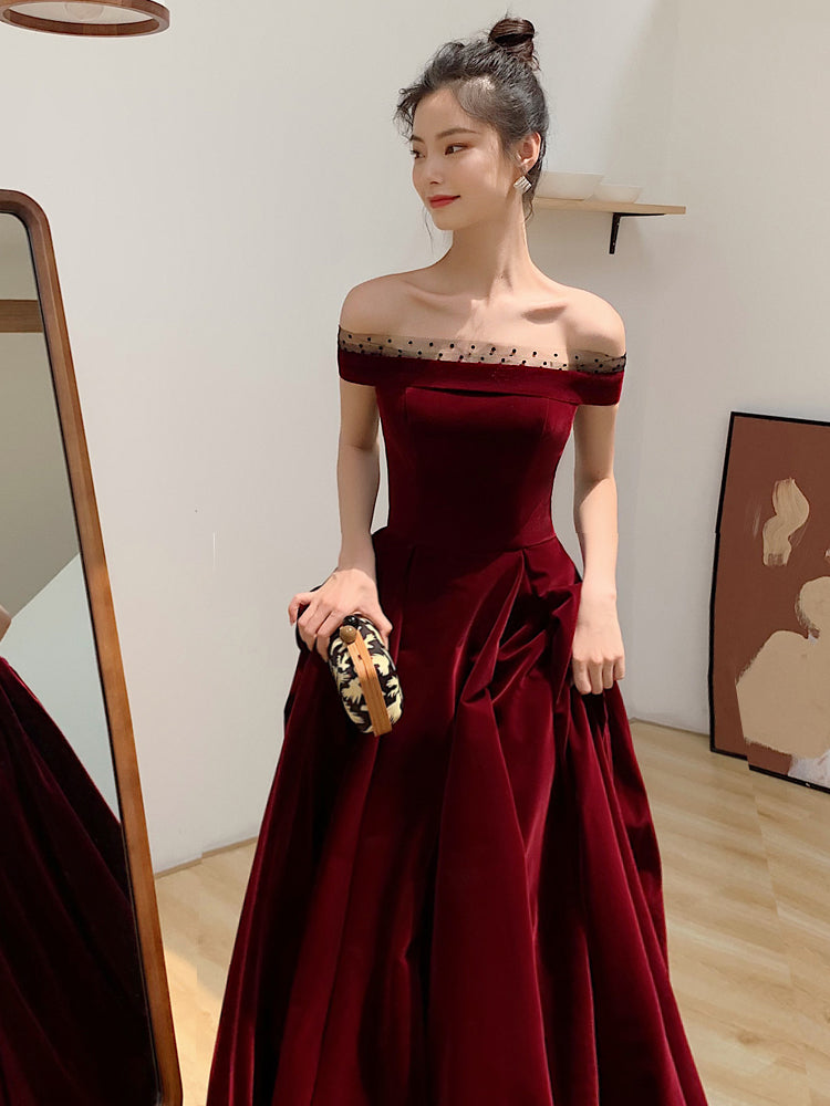 Elegant Burgundy Velvet A-line Lace-up Floor Length Party Dress, Dark Cutedressy Elegant Burgundy Velvet A-line Lace-up Floor Length Party Dress, Dark Cutedressy