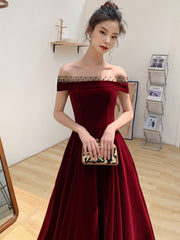 Elegant Burgundy Velvet A-line Lace-up Floor Length Party Dress, Dark Red Evening Dress Prom Dress