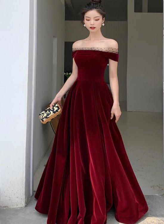 Elegant Burgundy Velvet A-line Lace-up Floor Length Party Dress, Dark ...