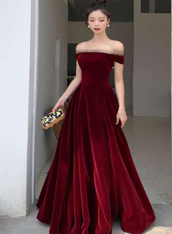 Elegant Burgundy Velvet A-line Lace-up Floor Length Party Dress, Dark Red Evening Dress Prom Dress