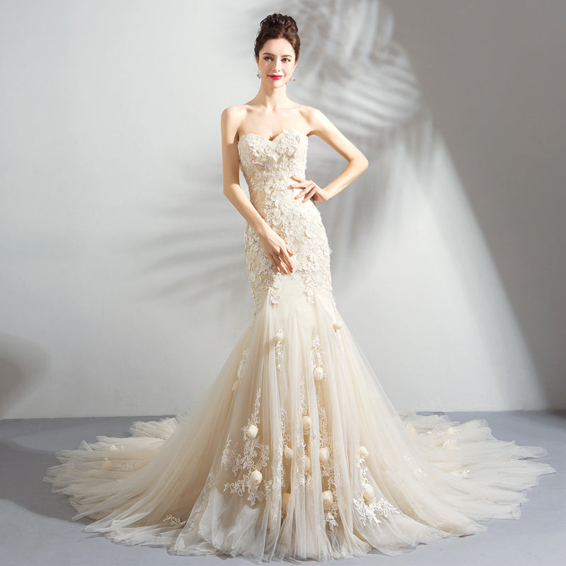 Classy White Mermaid Prom Evening Dress With Flowers,Formal Wedding Dress Y8227