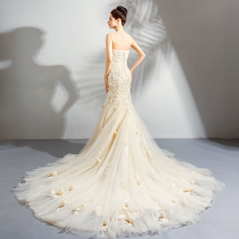 Modest Mermaid High Neckline White Tulle Floral Prom Dresses Sexy Evening Dress C2359