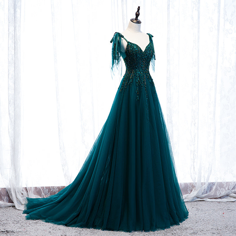 teal formal dresses Elegant Teal Blue Tulle V-neckline Beaded Lace Long Prom Dress, A-line – Cutedressy