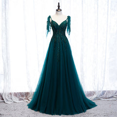 Elegant Teal Blue Tulle V-neckline Beaded Lace Long Prom Dress, A-line Blue Formal Dresses