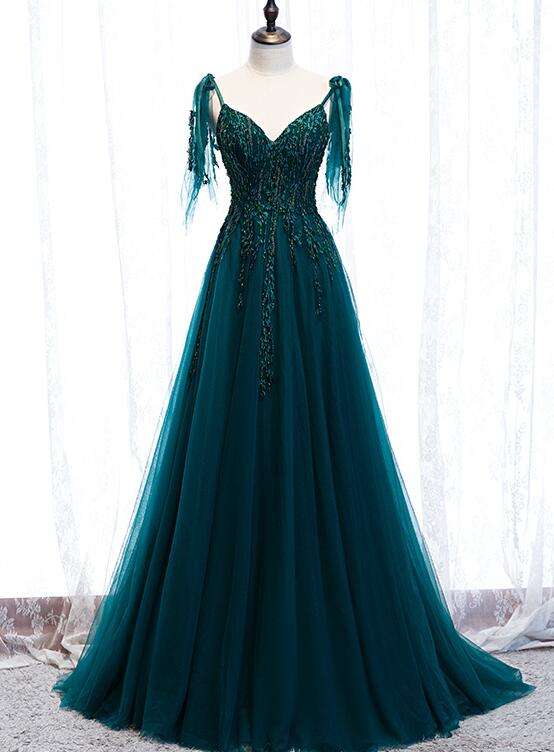 Elegant Teal Blue Tulle V-neckline Beaded Lace Long Prom Dress, A-line ...