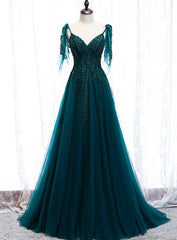 Elegant Teal Blue Tulle V-neckline Beaded Lace Long Prom Dress, A-line Blue Formal Dresses