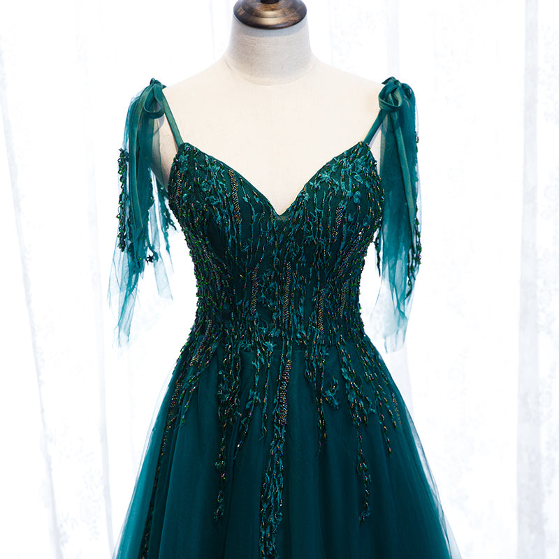 Elegant Teal Blue Tulle V-neckline Beaded Lace Long Prom Dress, A-line Cutedressy Elegant Teal Blue Tulle V-neckline Beaded Lace Long Prom Dress, A-line Cutedressy