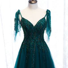 Elegant Teal Blue Tulle V-neckline Beaded Lace Long Prom Dress, A-line Blue Formal Dresses