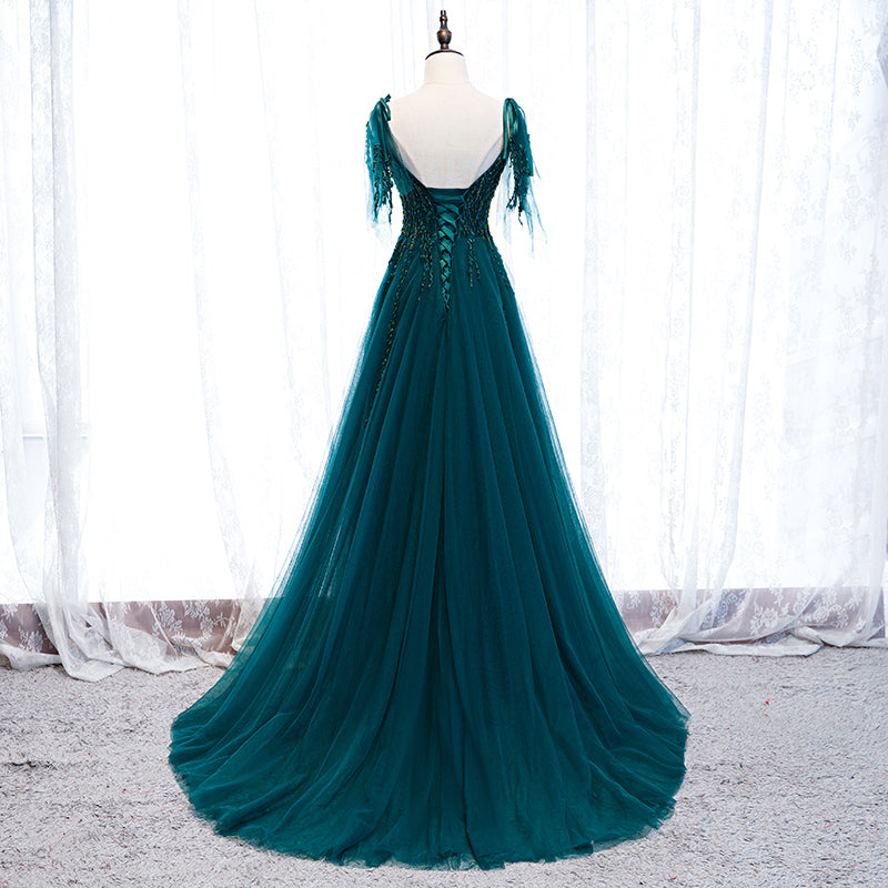 Elegant Teal Blue Tulle V-neckline Beaded Lace Long Prom Dress, A-line Blue Formal Dresses
