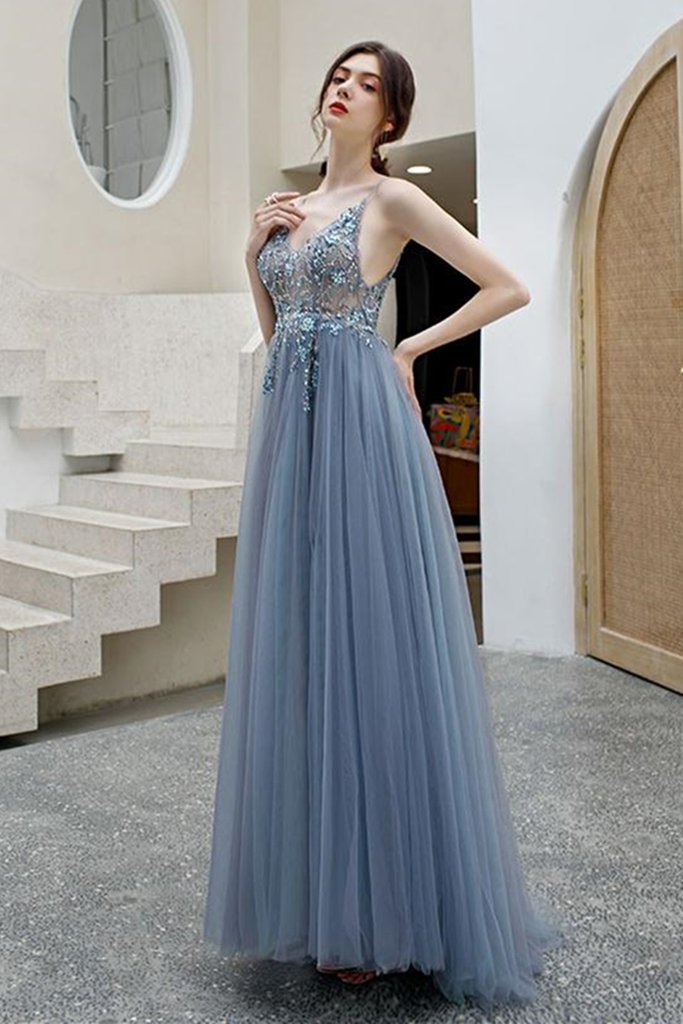 Sexy Blue V-neckline Straps Beaded Top Long Party Dress, V Back Leg Slit Prom Dress
