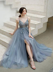 Sexy Blue V-neckline Straps Beaded Top Long Party Dress, V Back Leg Slit Prom Dress