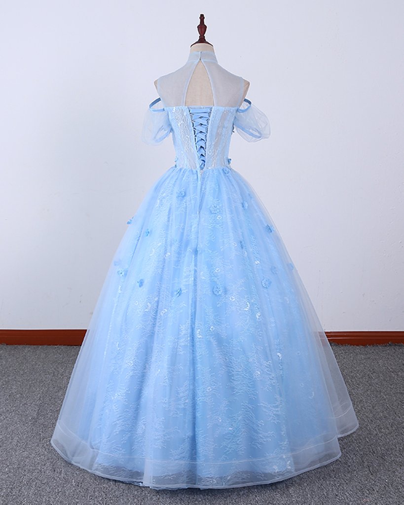 Light Blue Lace High Neck Lace Applique Ball Gown, Lace Sweet 16 Dress Cutedressy Light Blue Lace High Neck Lace Applique Ball Gown, Lace Sweet 16 Dress Cutedressy