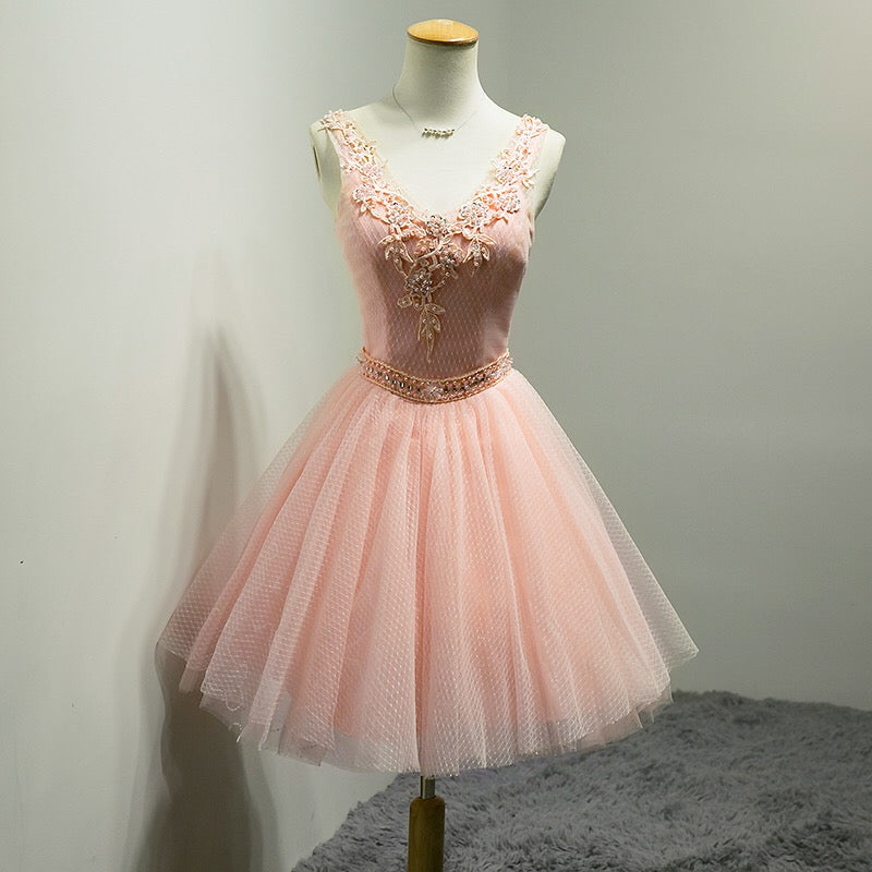 V-neckline Beaded Tulle Short Party Dress, Knee Length Homecoming Dres Cutedressy V-neckline Beaded Tulle Short Party Dress, Knee Length Homecoming Dres Cutedressy