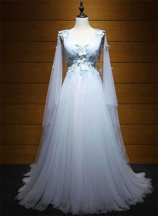 Light Blue Princess V Neck Low Back Tulle Prom Dress, Blue Evening Dress Party Dress