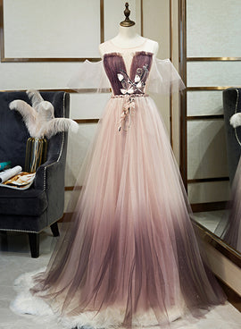 Fashionable Pink Off Shoulder Graident Long Lace Party Dress Evening Dress, Pink Formal Dresses