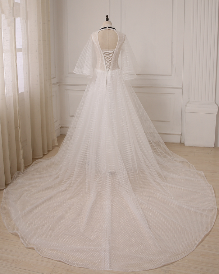 fashionable white dresses Fashionable White Sweetheart A-Line Off-The-Shoulder Long Sleeve Split Front Tulle Wedding Dresses With Appliques And Handmake Flowers