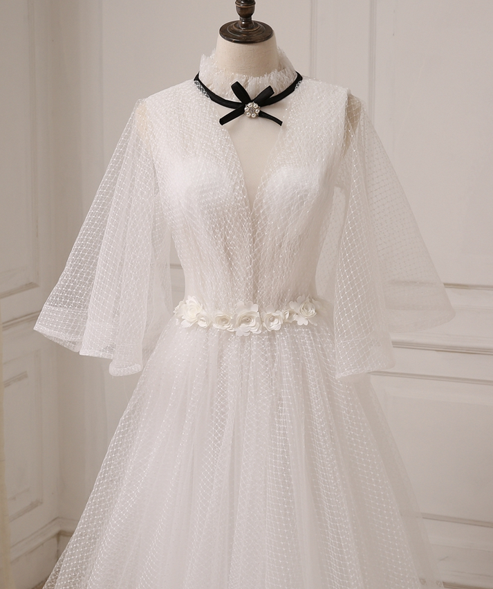 Fashionable White Tulle High Neckline Wedding Party Dress, Long Sleeve Cutedressy Fashionable White Tulle High Neckline Wedding Party Dress, Long Sleeve Cutedressy