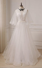  Fashionable White Tulle High Neckline Wedding Party Dress, Long Sleeves Puffy Prom Dresses